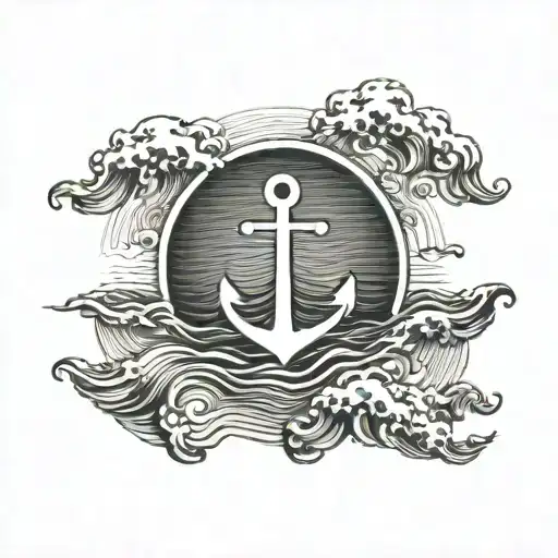background: realistic sea waves fully covering the circle. negative space minimalistic anchor in the front. tattoo design idea