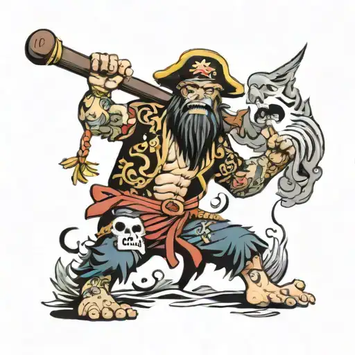 big foot on the leg of one piece, with the most important characters, the pirate flag tattoo design idea