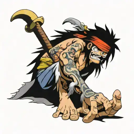 big foot on the leg of one piece, with the most important characters, the pirate flag tattoo design idea