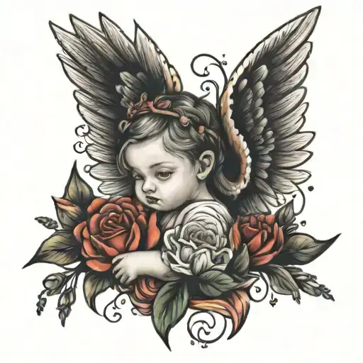 My niece Lucia, a baby who passed away. I always remember her as an angel who takes care of me tattoo design idea