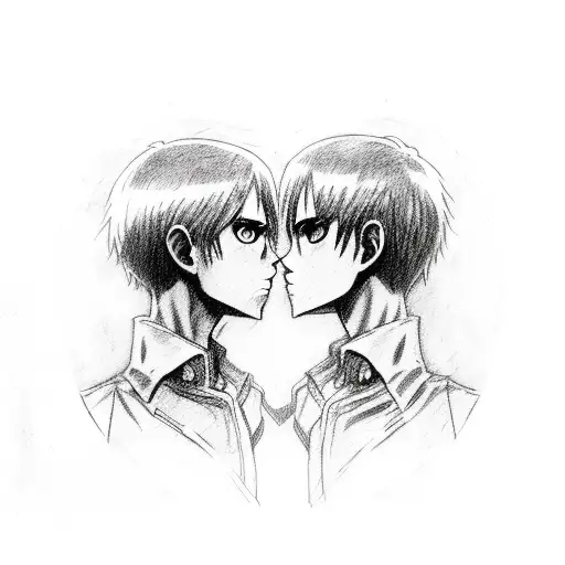 heads of Eren and Armin from attack on titan with titan marks under their eyes both facing away from eachother, crying  tattoo design idea