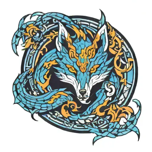 fox dragon throw blue fire flames tattoo design idea