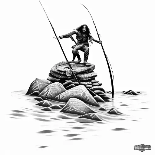 spear fisherman with long hair on a rock in the water tattoo design idea