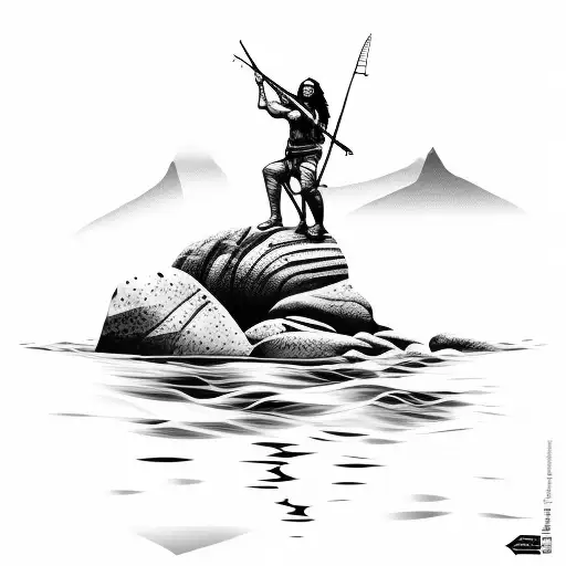 spear fisherman with long hair on a rock in the water tattoo design idea