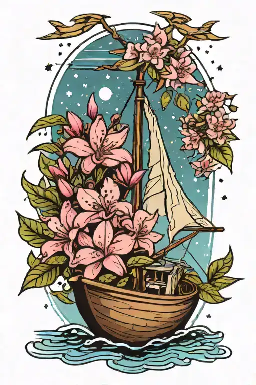 rowing boat stars rhododendron tattoo design idea