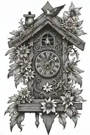 simple German cuckoo clock with edelweiss flowers surrounding  tattoo design idea