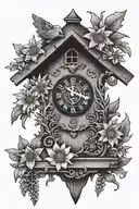 simple German cuckoo clock with edelweiss flowers surrounding  tattoo design idea