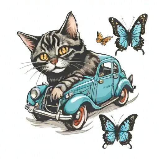 car cat butterfly  tattoo design idea