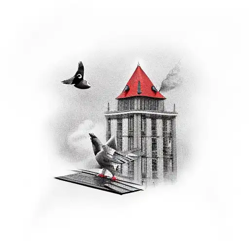 red roofer on a roof with pigeon pegs in his hand tattoo design idea