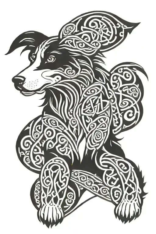 Celtic knots, border collie, Scotland, dog, tribal style tattoo design combining, tattoo on leg tattoo design idea