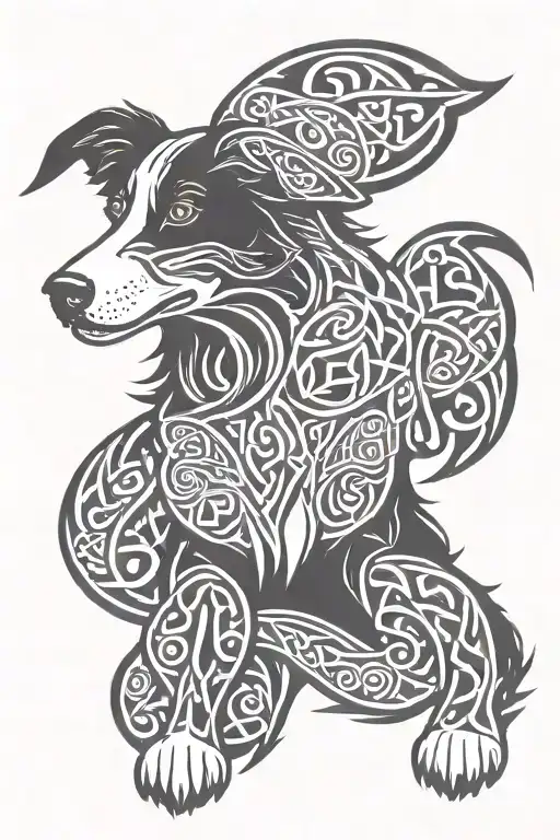 Celtic knots, border collie, Scotland, dog, tribal style tattoo design combining, tattoo on leg tattoo design idea