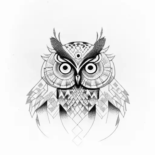 A dotwork owl perched on a branch with geometric patterns tattoo design idea