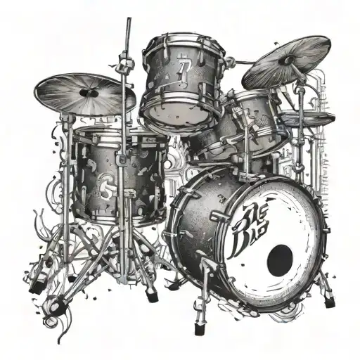 An intricate tattoo design of a drum set surrounded by musical notes and BTS lyrics, representing the love for drumming and BTS tattoo design idea