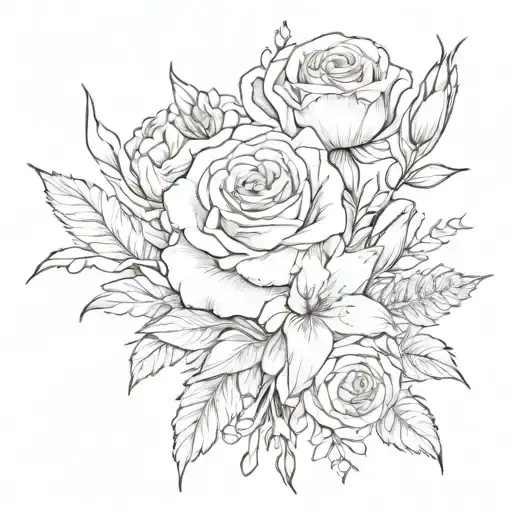 Can you make me a pencil drawing of a tattoo design with the flowers Rose, gladiolus, aster and marigold in a bouquet, b tattoo design idea