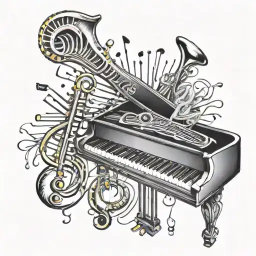piano, oboe, tuba, trombone with notes rising from them  tattoo design idea
