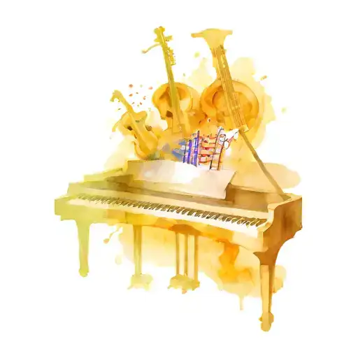 piano, oboe, tuba, trombone with notes rising from them  tattoo design idea