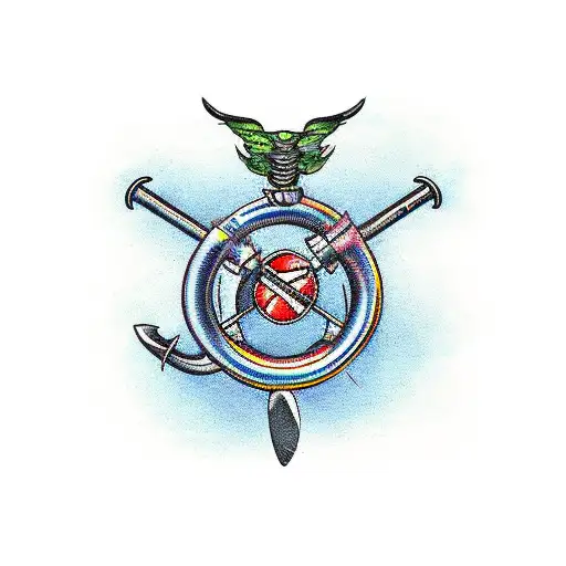 handlebars with rifles, open wrench, and fishing pole tattoo design idea