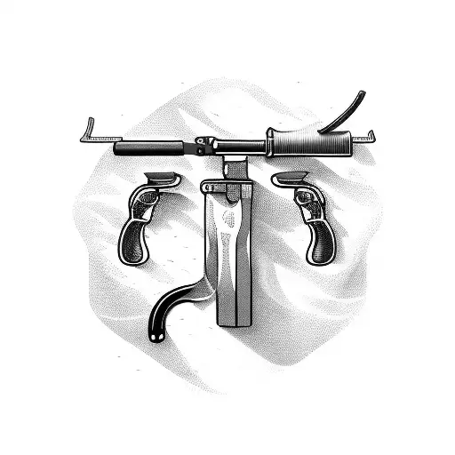 handlebars with rifles, open wrench, and fishing pole tattoo design idea