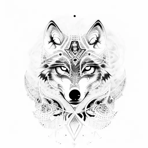 A dotwork design of a wolf and an owl locked in a fierce battle amidst a dark and mystical forest tattoo design idea
