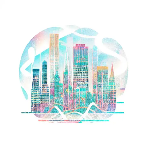 Musical notes intertwining with a city skyline tattoo design idea