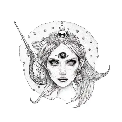 A dotwork mermaid with your girlfriend's face and pirate-themed elements tattoo design idea