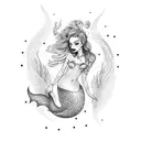 A dotwork mermaid with your girlfriend's face and pirate-themed elements tattoo design idea