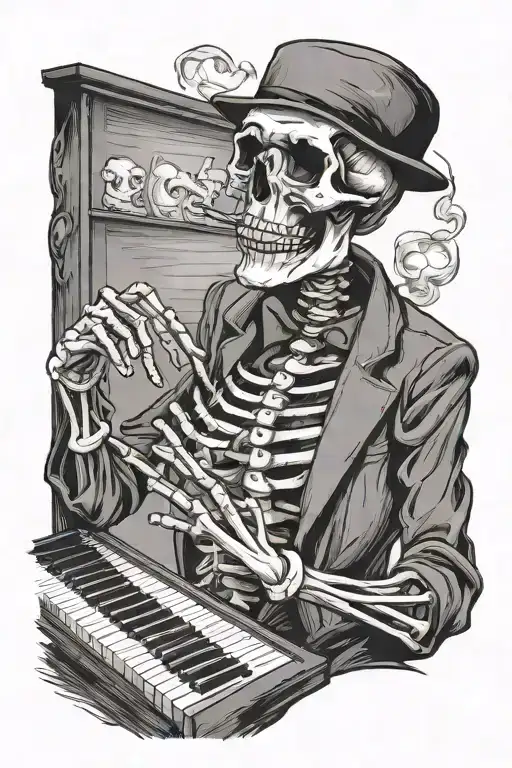 skeleton smoking a cigarette and playing piano tattoo design idea