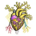 Realistic human heart with a black and gold circuit board inside. wires sticking out all over blood leaking out tattoo design idea