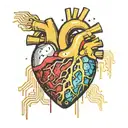 Realistic human heart with a black and gold circuit board inside. wires sticking out all over blood leaking out tattoo design idea