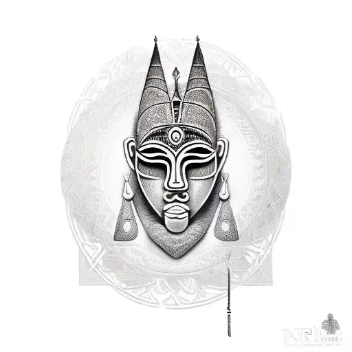 African mask adorned with mystical symbols and runes tattoo design idea