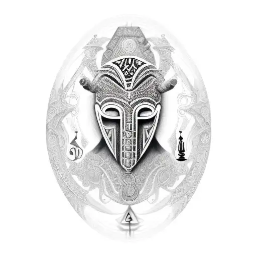 African mask adorned with mystical symbols and runes tattoo design idea