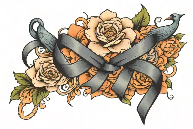 cancer ribbon, zipper, flower intertwined, 3 birds  tattoo design idea