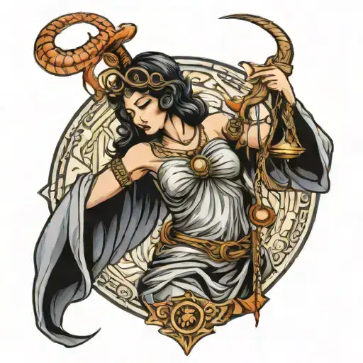 lady justice tattoo with centipede wrapped and japanese writing arced above tattoo design idea