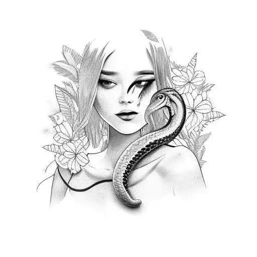 A girl with a snake wrapped around her arm, surrounded by vibrant tropical flowers tattoo design idea