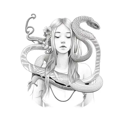 A girl with a snake wrapped around her arm, surrounded by vibrant tropical flowers tattoo design idea