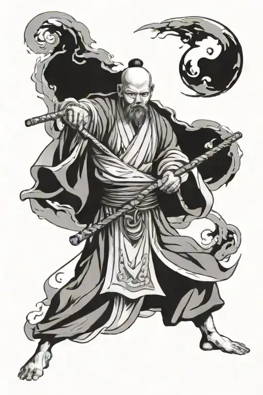 Taoist warrior monk weilding a staff, include yin and yang within theme tattoo design idea