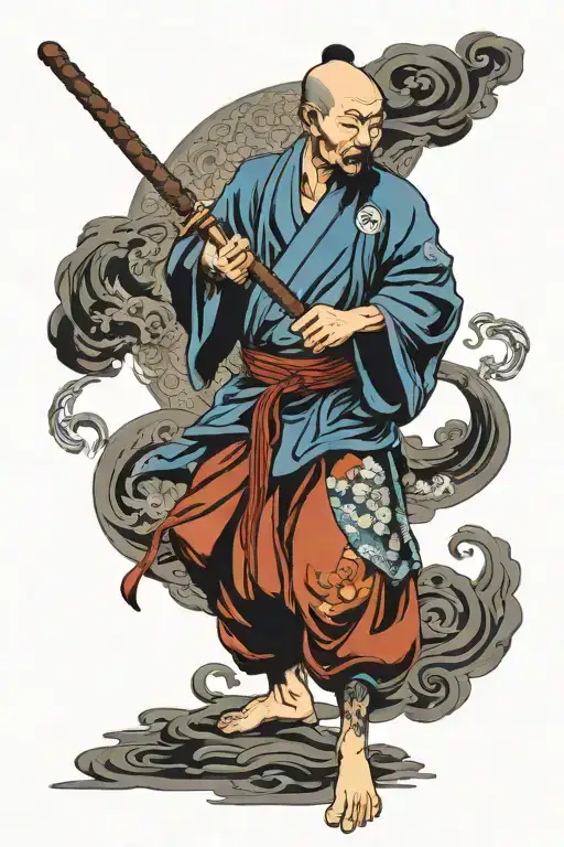Taoist warrior monk weilding a staff, include yin and yang within theme tattoo design idea