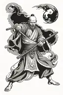 Taoist warrior monk weilding a staff, include yin and yang within theme tattoo design idea