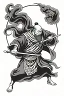 Taoist warrior monk weilding a staff, include yin and yang within theme tattoo design idea