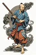 Taoist warrior monk weilding a staff, include yin and yang within theme tattoo design idea