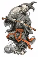 Taoist warrior monk weilding a staff, include yin and yang within theme tattoo design idea