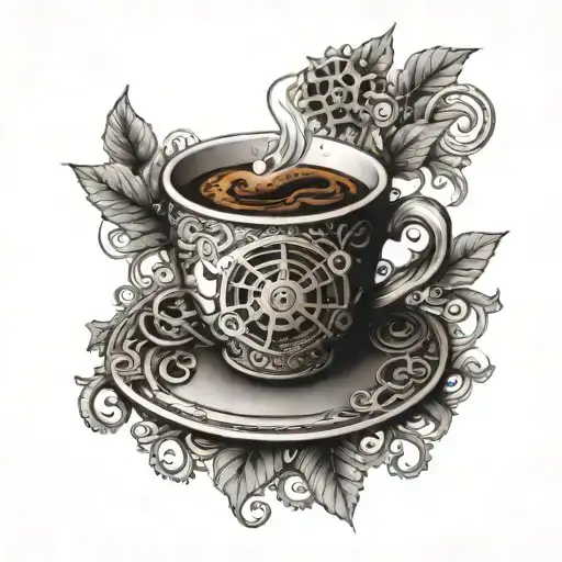 A steampunk-inspired coffee cup with intricate gears and steam coming out, surrounded by coffee beans and leaves tattoo design idea