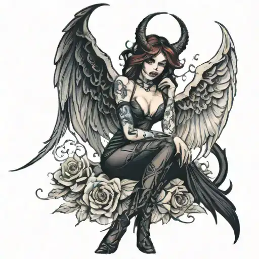 Sexy succubus girl with deamon wings sitting tattoo design idea