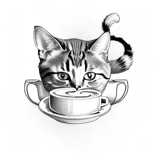 cat with coffee and book tattoo design idea