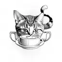 cat with coffee and book tattoo design idea