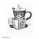 cat with coffee and book tattoo design idea