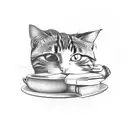 cat with coffee and book tattoo design idea