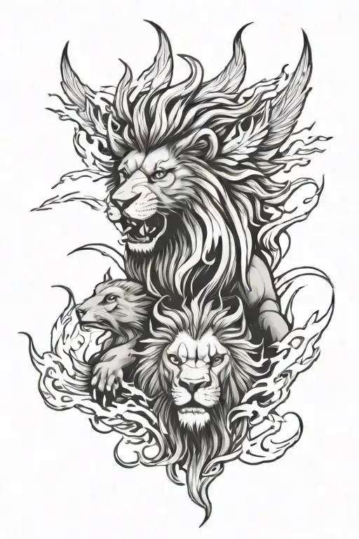 Lion, lightning bolt and phoenix rising tattoo design idea