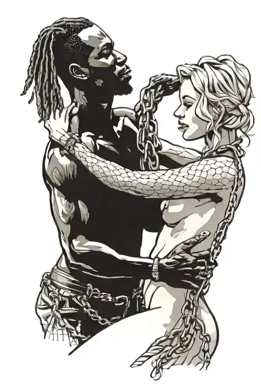 nude slim aroused young blonde european girl wearing chains and leashed by muscular african man tattoo design idea