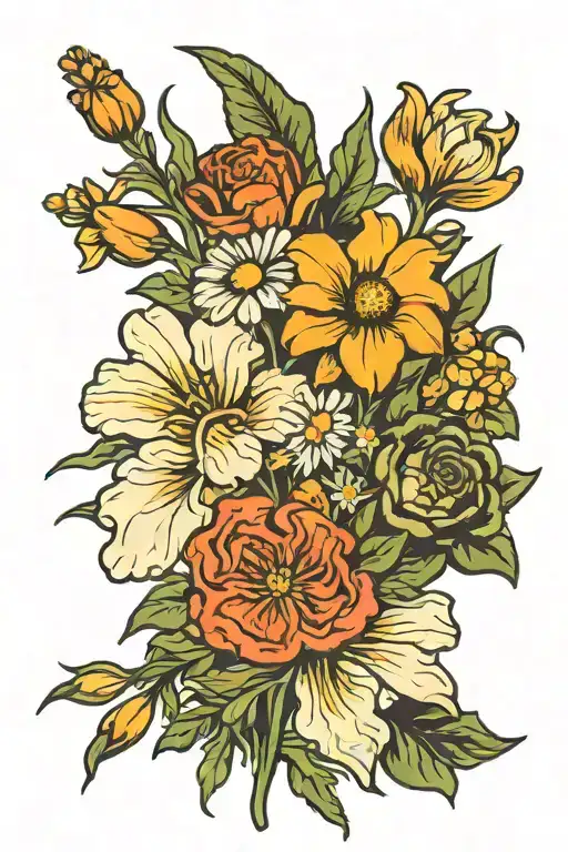 bouquet of flowers with daisy, carnation and daffodil.  tattoo design idea